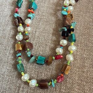 Multicolor Beaded Layered Necklace - Turquoise & Pearl Accent